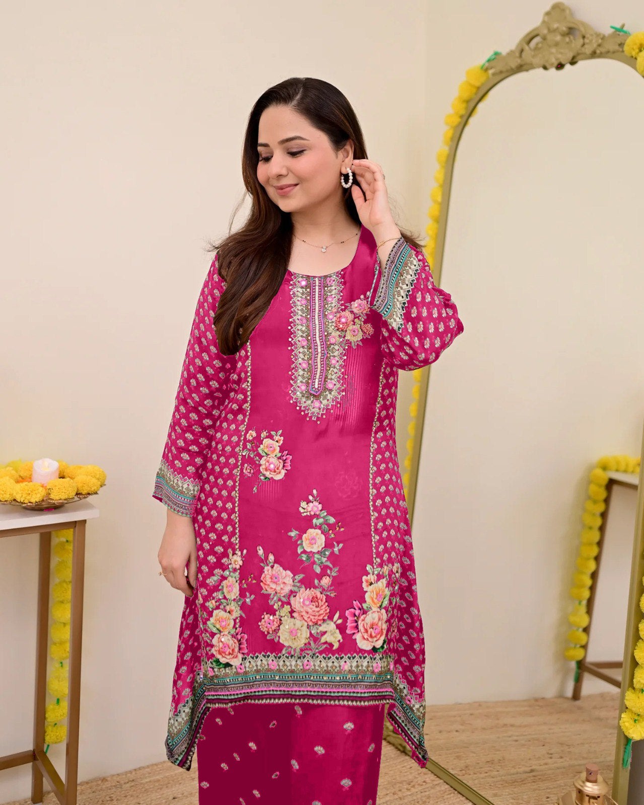 Women Muslin Co-ord Set with Hand Mirror Work, Digital Print Kurta Pant Set, Fully Stitched Ready to Wear Ethnic Co-ord Set for Women, Casual Party & Festive Wear, Size M to 10XL