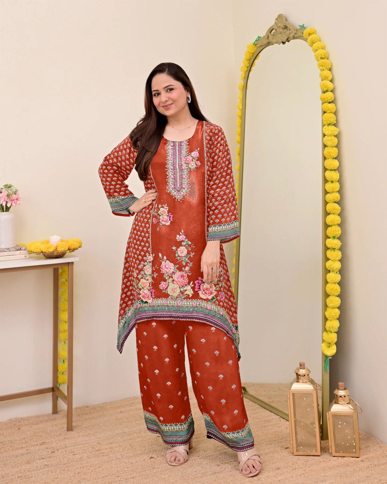 Women Muslin Co-ord Set with Hand Mirror Work, Digital Print Kurta Pant Set, Fully Stitched Ready to Wear Ethnic Co-ord Set for Women, Casual Party & Festive Wear, Size M to 10XL