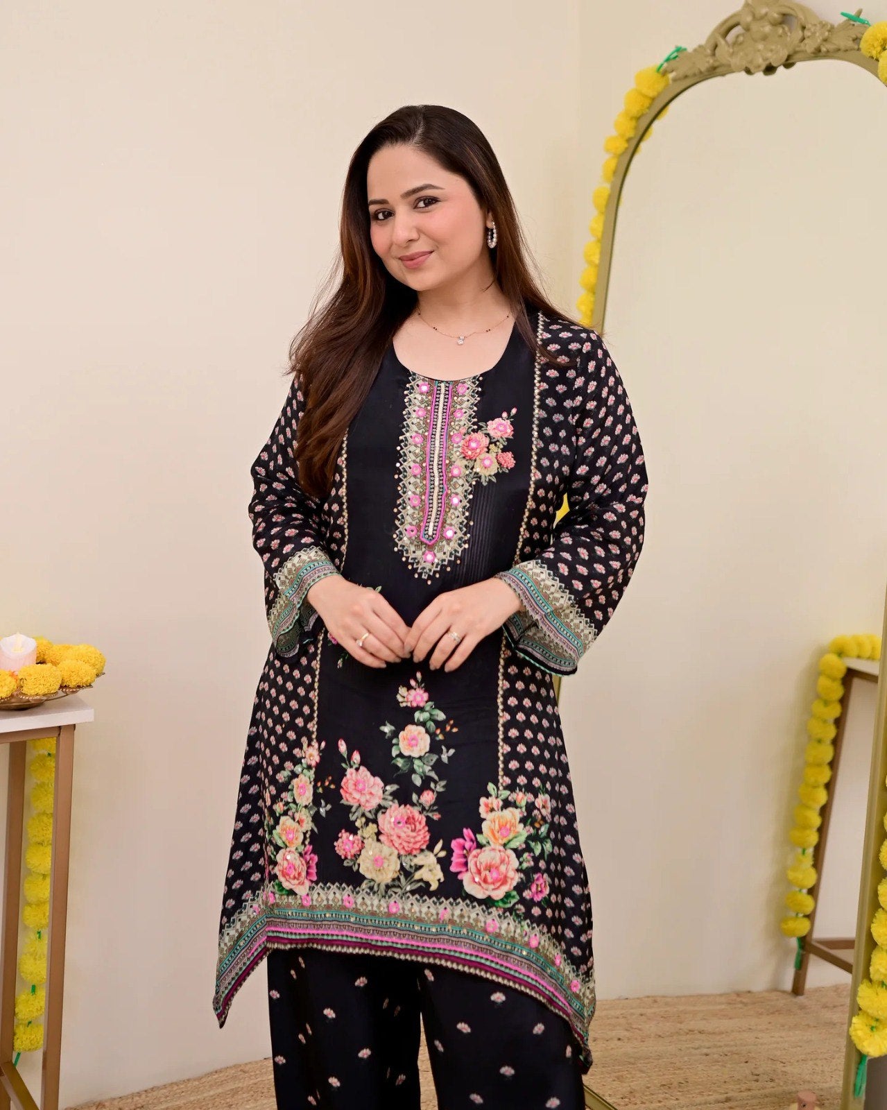 Women Muslin Co-ord Set with Hand Mirror Work, Digital Print Kurta Pant Set, Fully Stitched Ready to Wear Ethnic Co-ord Set for Women, Casual Party & Festive Wear, Size M to 10XL