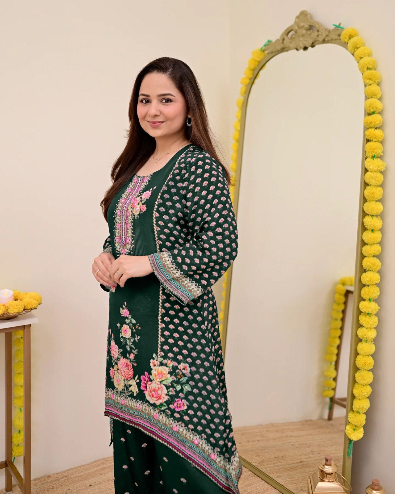 Women Muslin Co-ord Set with Hand Mirror Work, Digital Print Kurta Pant Set, Fully Stitched Ready to Wear Ethnic Co-ord Set for Women, Casual Party & Festive Wear, Size M to 10XL