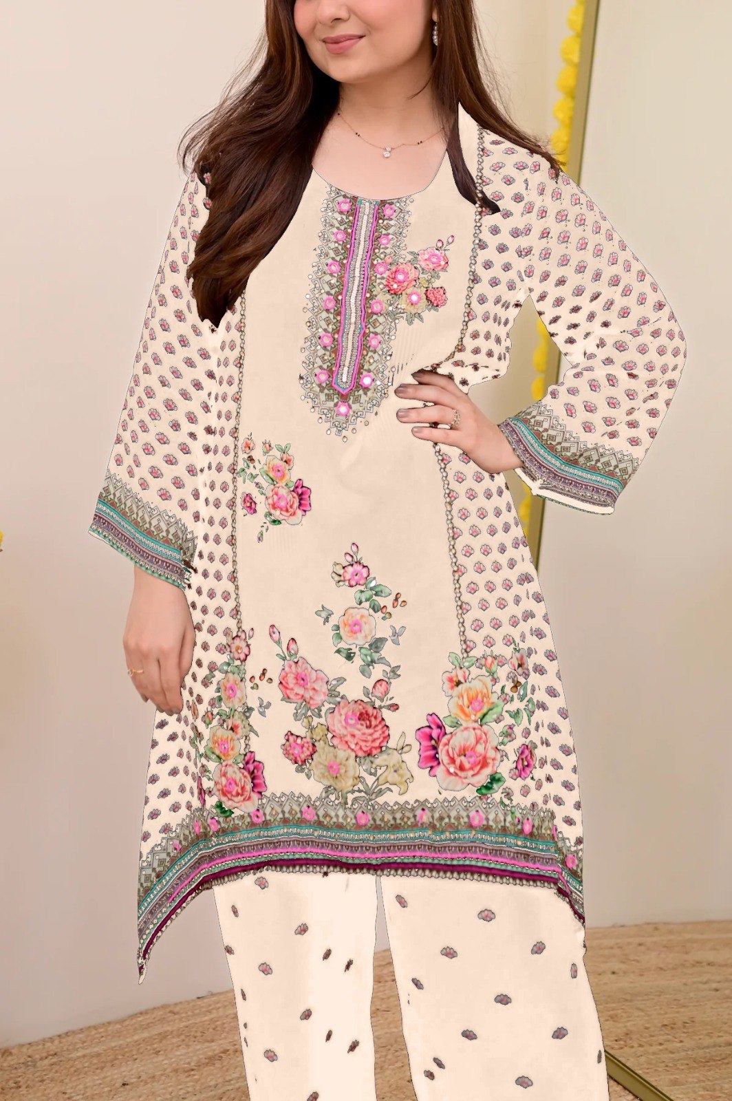 Women Muslin Co-ord Set with Hand Mirror Work, Digital Print Kurta Pant Set, Fully Stitched Ready to Wear Ethnic Co-ord Set for Women, Casual Party & Festive Wear, Size M to 10XL