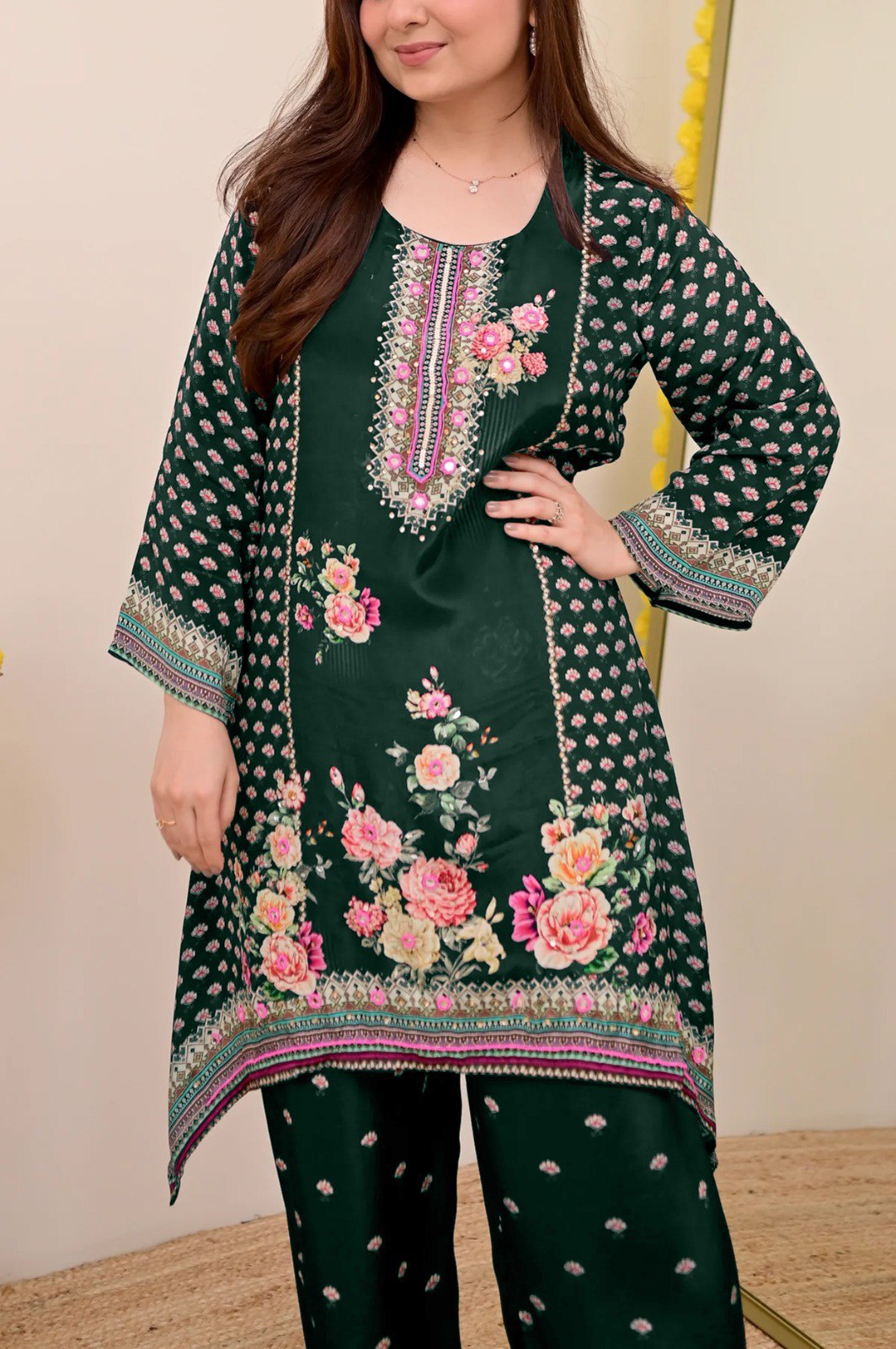 Women Muslin Co-ord Set with Hand Mirror Work, Digital Print Kurta Pant Set, Fully Stitched Ready to Wear Ethnic Co-ord Set for Women, Casual Party & Festive Wear, Size M to 10XL