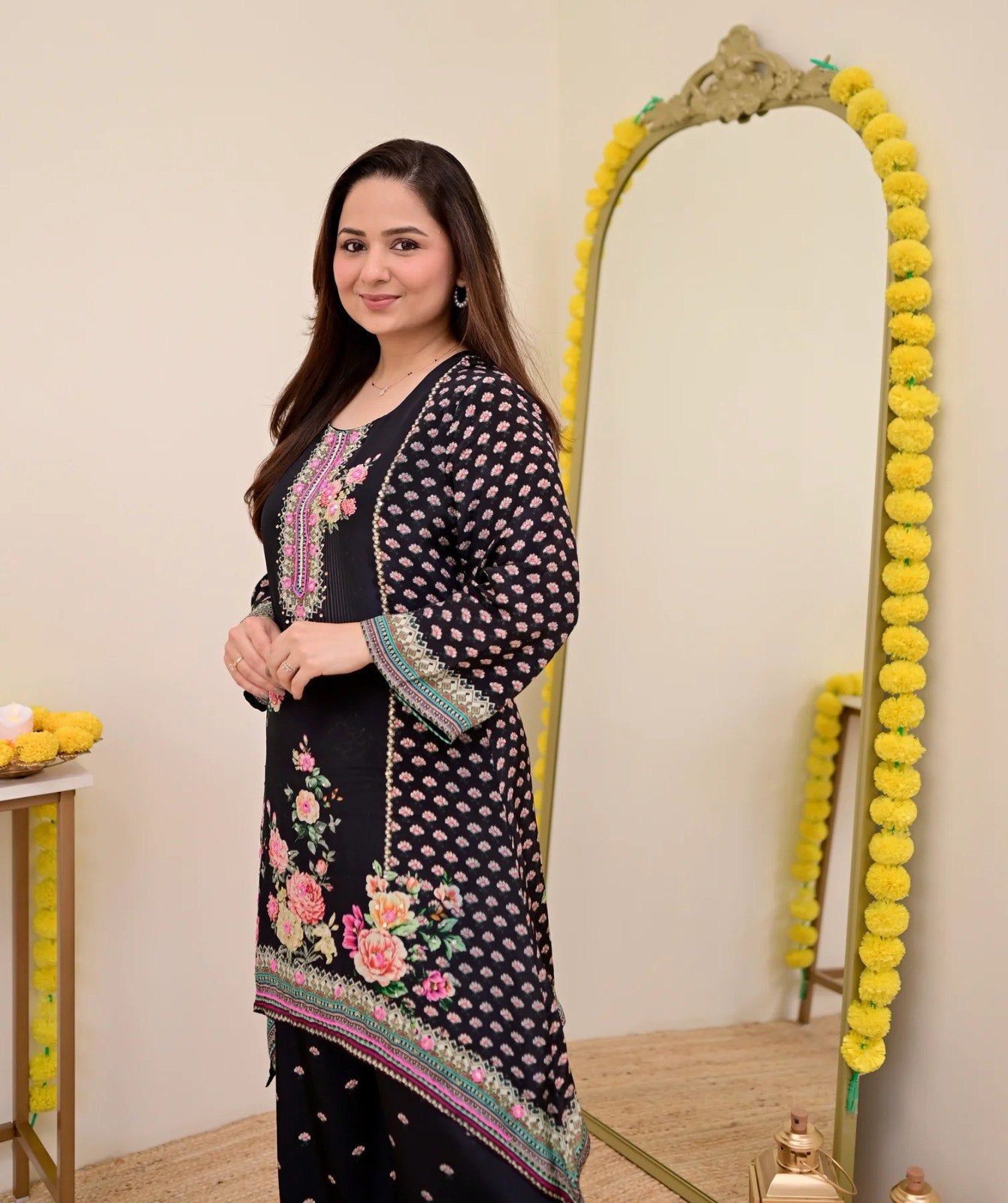 Women Muslin Co-ord Set with Hand Mirror Work, Digital Print Kurta Pant Set, Fully Stitched Ready to Wear Ethnic Co-ord Set for Women, Casual Party & Festive Wear, Size M to 10XL