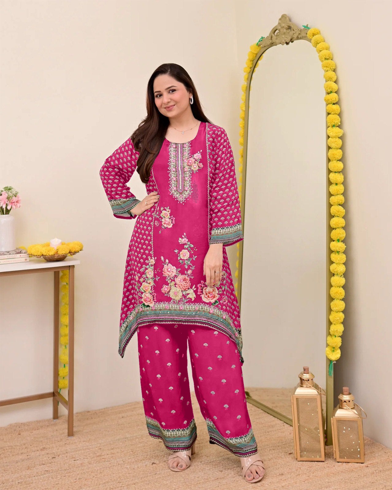 Women Muslin Co-ord Set with Hand Mirror Work, Digital Print Kurta Pant Set, Fully Stitched Ready to Wear Ethnic Co-ord Set for Women, Casual Party & Festive Wear, Size M to 10XL