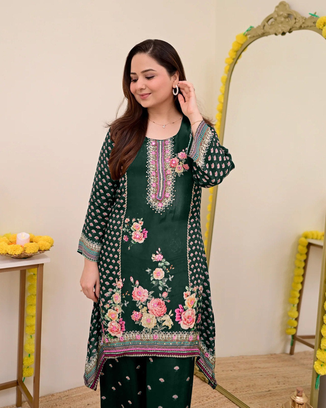 Women Muslin Co-ord Set with Hand Mirror Work, Digital Print Kurta Pant Set, Fully Stitched Ready to Wear Ethnic Co-ord Set for Women, Casual Party & Festive Wear, Size M to 10XL