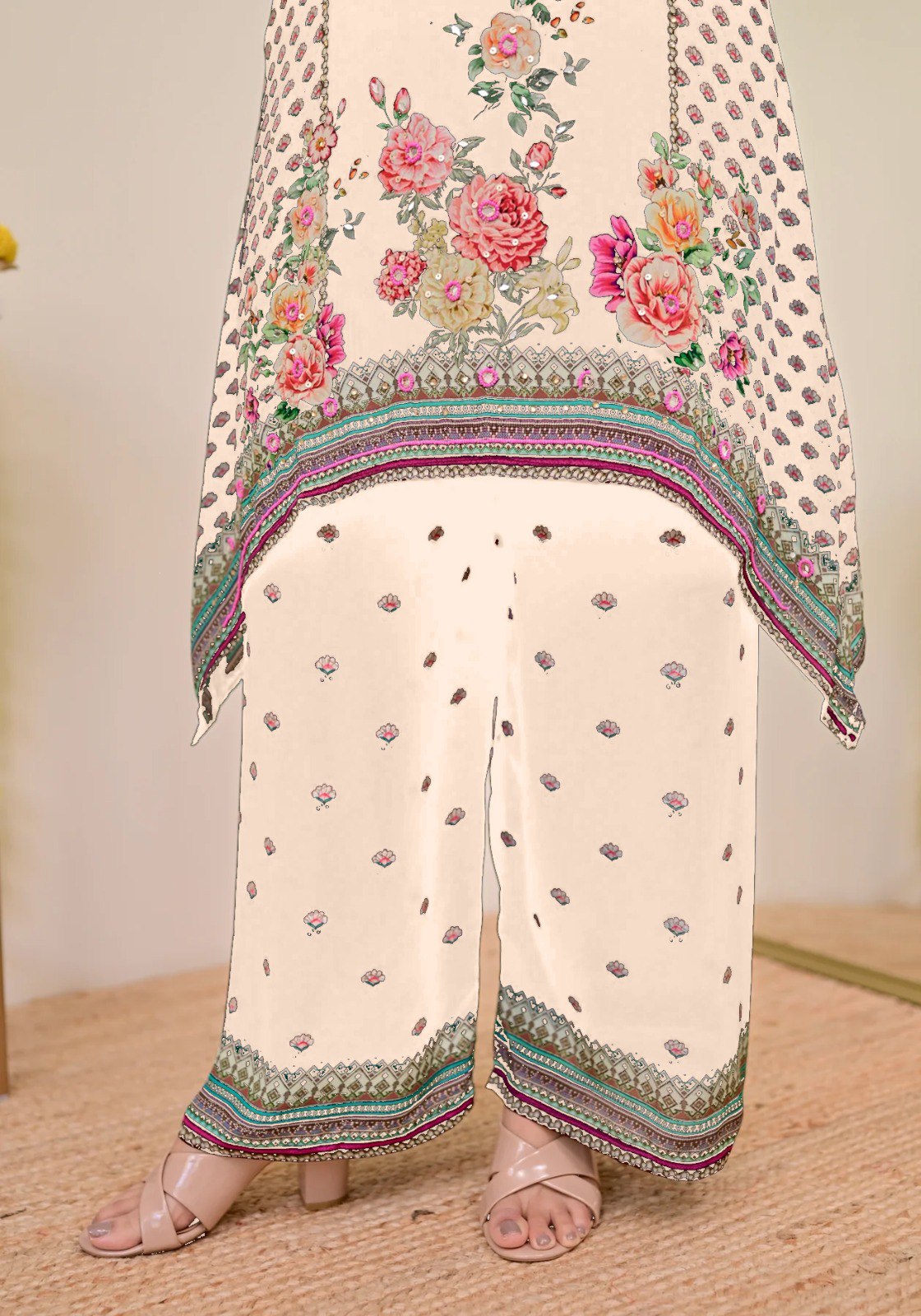 Women Muslin Co-ord Set with Hand Mirror Work, Digital Print Kurta Pant Set, Fully Stitched Ready to Wear Ethnic Co-ord Set for Women, Casual Party & Festive Wear, Size M to 10XL