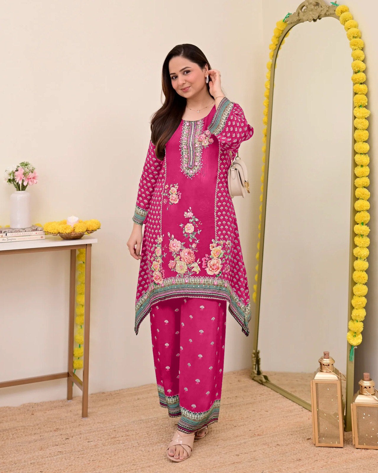 Women Muslin Co-ord Set with Hand Mirror Work, Digital Print Kurta Pant Set, Fully Stitched Ready to Wear Ethnic Co-ord Set for Women, Casual Party & Festive Wear, Size M to 10XL
