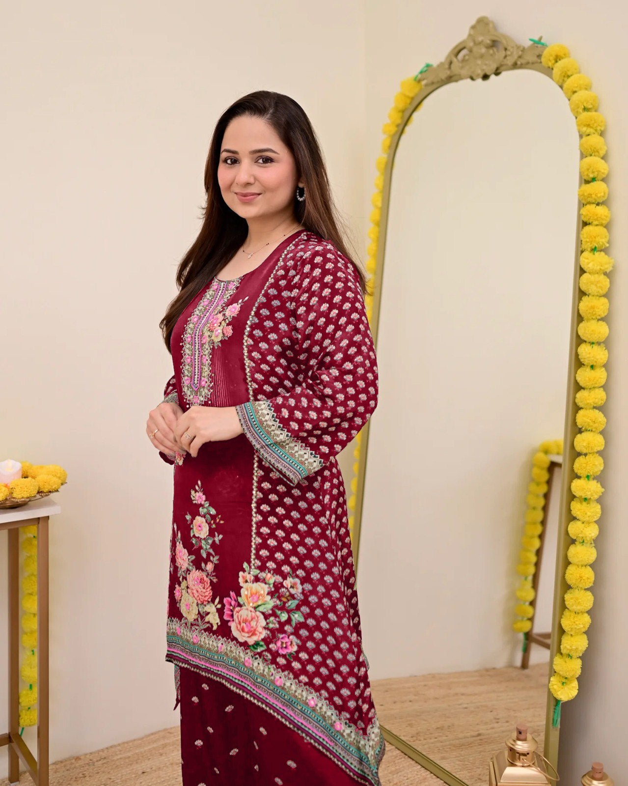 Women Muslin Co-ord Set with Hand Mirror Work, Digital Print Kurta Pant Set, Fully Stitched Ready to Wear Ethnic Co-ord Set for Women, Casual Party & Festive Wear, Size M to 10XL