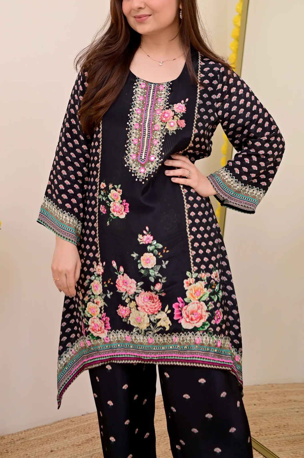 Women Muslin Co-ord Set with Hand Mirror Work, Digital Print Kurta Pant Set, Fully Stitched Ready to Wear Ethnic Co-ord Set for Women, Casual Party & Festive Wear, Size M to 10XL