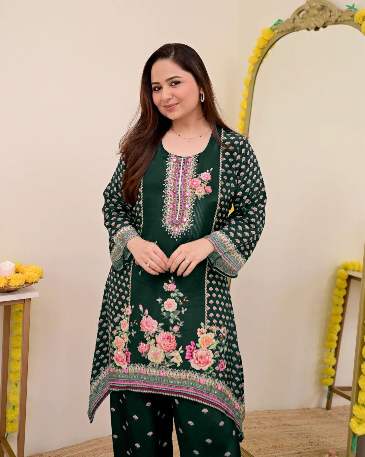 Women Muslin Co-ord Set with Hand Mirror Work, Digital Print Kurta Pant Set, Fully Stitched Ready to Wear Ethnic Co-ord Set for Women, Casual Party & Festive Wear, Size M to 10XL