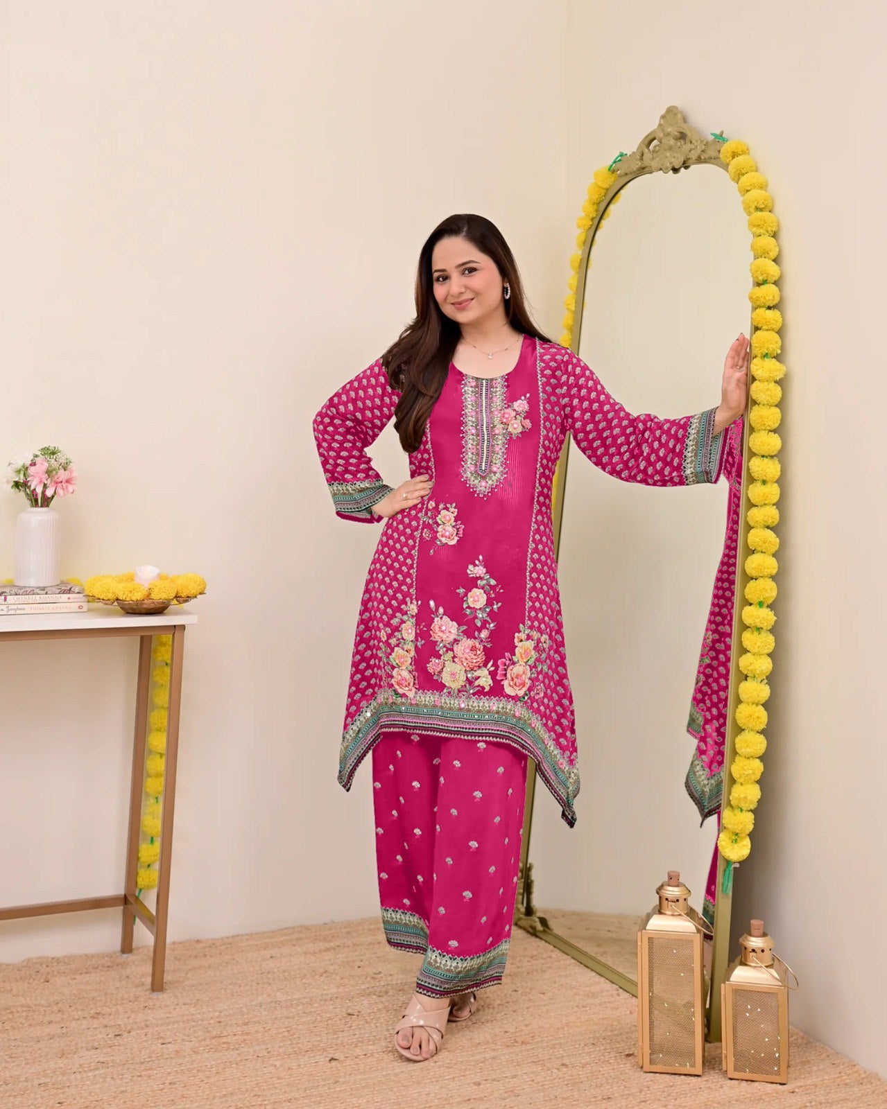 Women Muslin Co-ord Set with Hand Mirror Work, Digital Print Kurta Pant Set, Fully Stitched Ready to Wear Ethnic Co-ord Set for Women, Casual Party & Festive Wear, Size M to 10XL