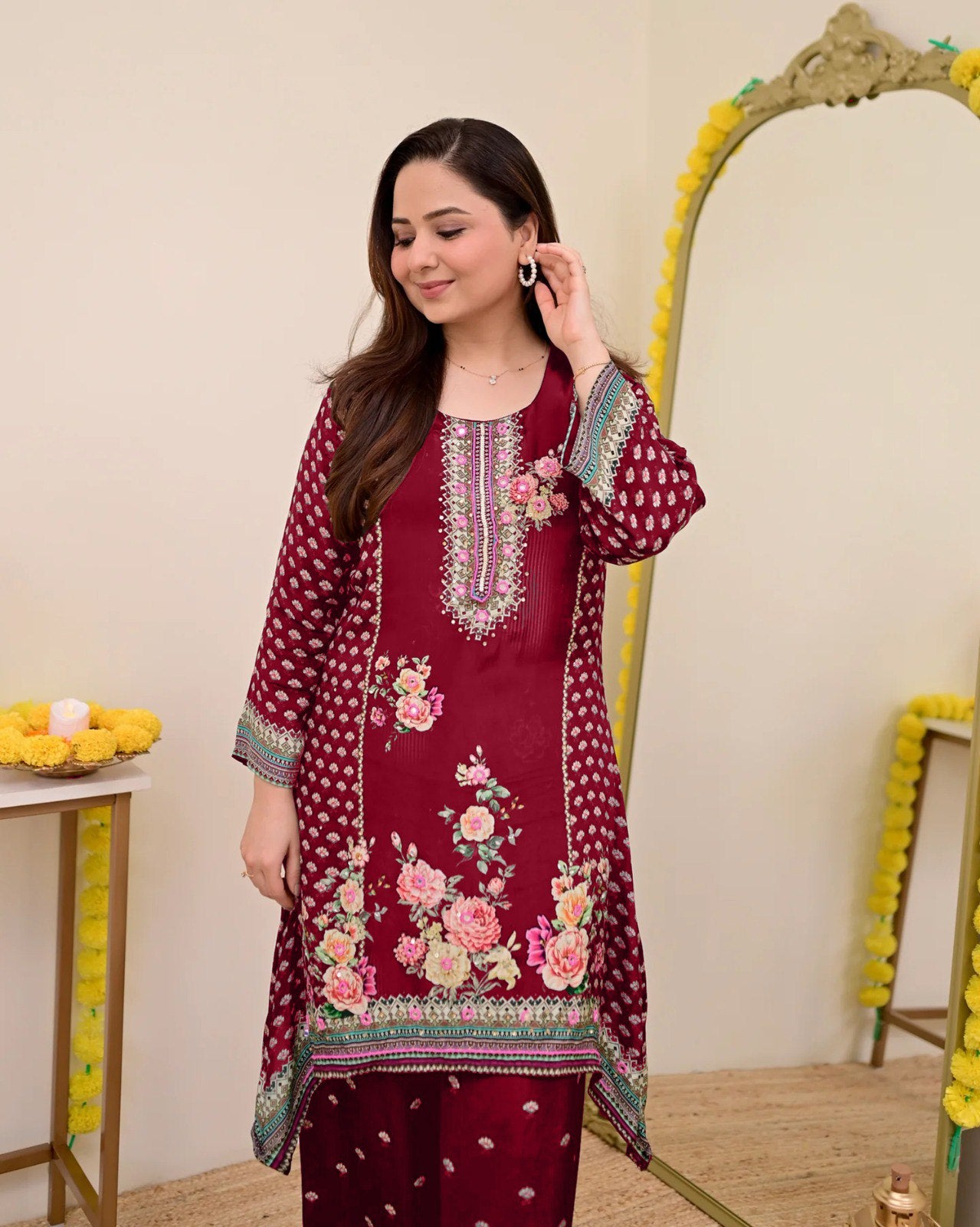 Women Muslin Co-ord Set with Hand Mirror Work, Digital Print Kurta Pant Set, Fully Stitched Ready to Wear Ethnic Co-ord Set for Women, Casual Party & Festive Wear, Size M to 10XL