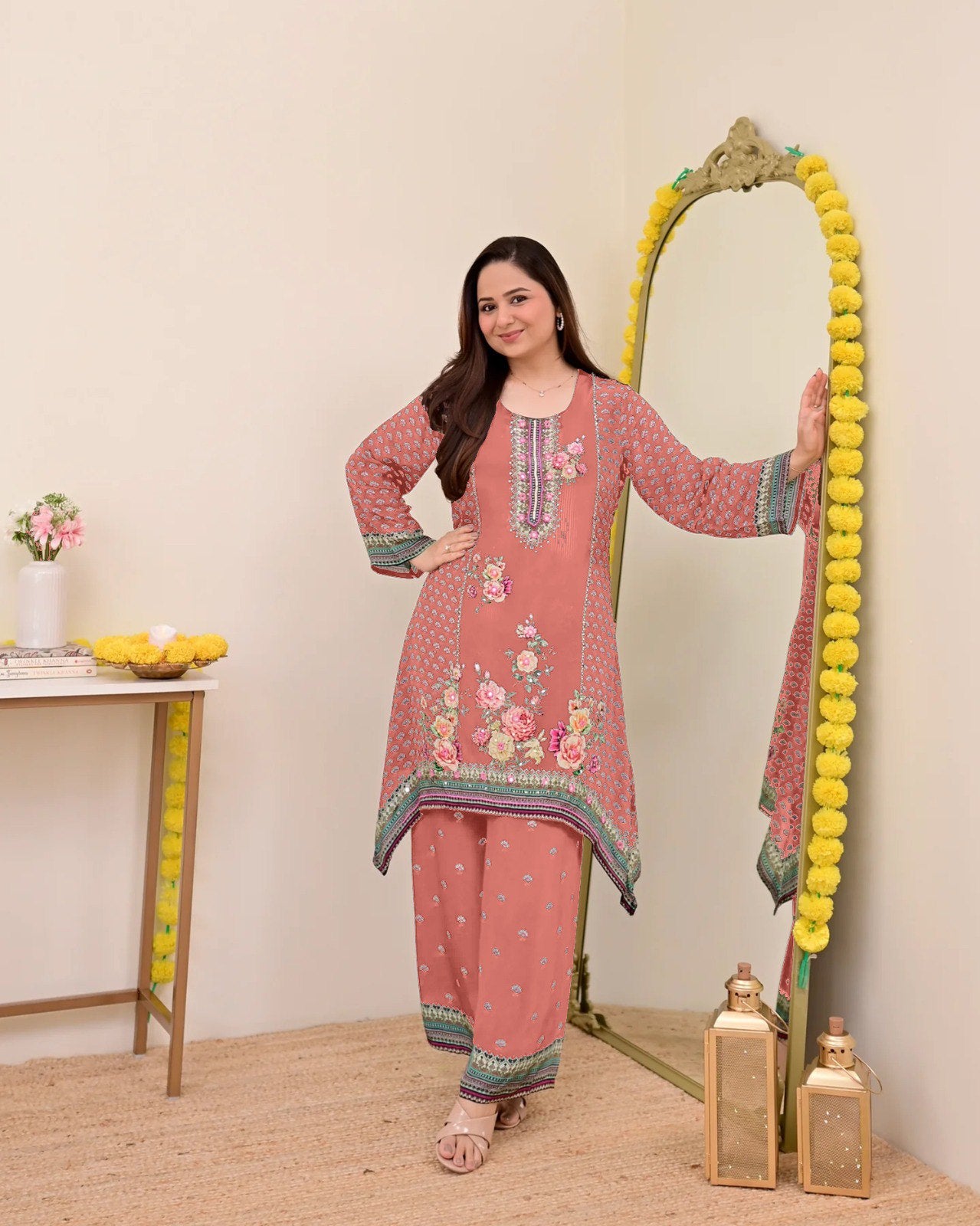 Women Muslin Co-ord Set with Hand Mirror Work, Digital Print Kurta Pant Set, Fully Stitched Ready to Wear Ethnic Co-ord Set for Women, Casual Party & Festive Wear, Size M to 10XL