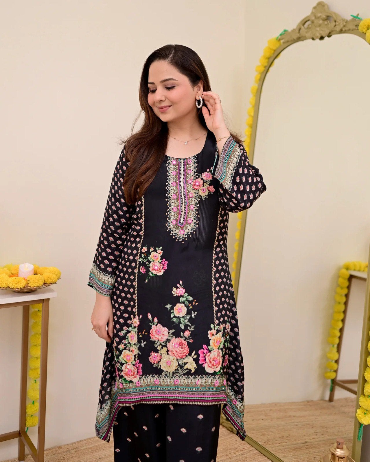 Women Muslin Co-ord Set with Hand Mirror Work, Digital Print Kurta Pant Set, Fully Stitched Ready to Wear Ethnic Co-ord Set for Women, Casual Party & Festive Wear, Size M to 10XL