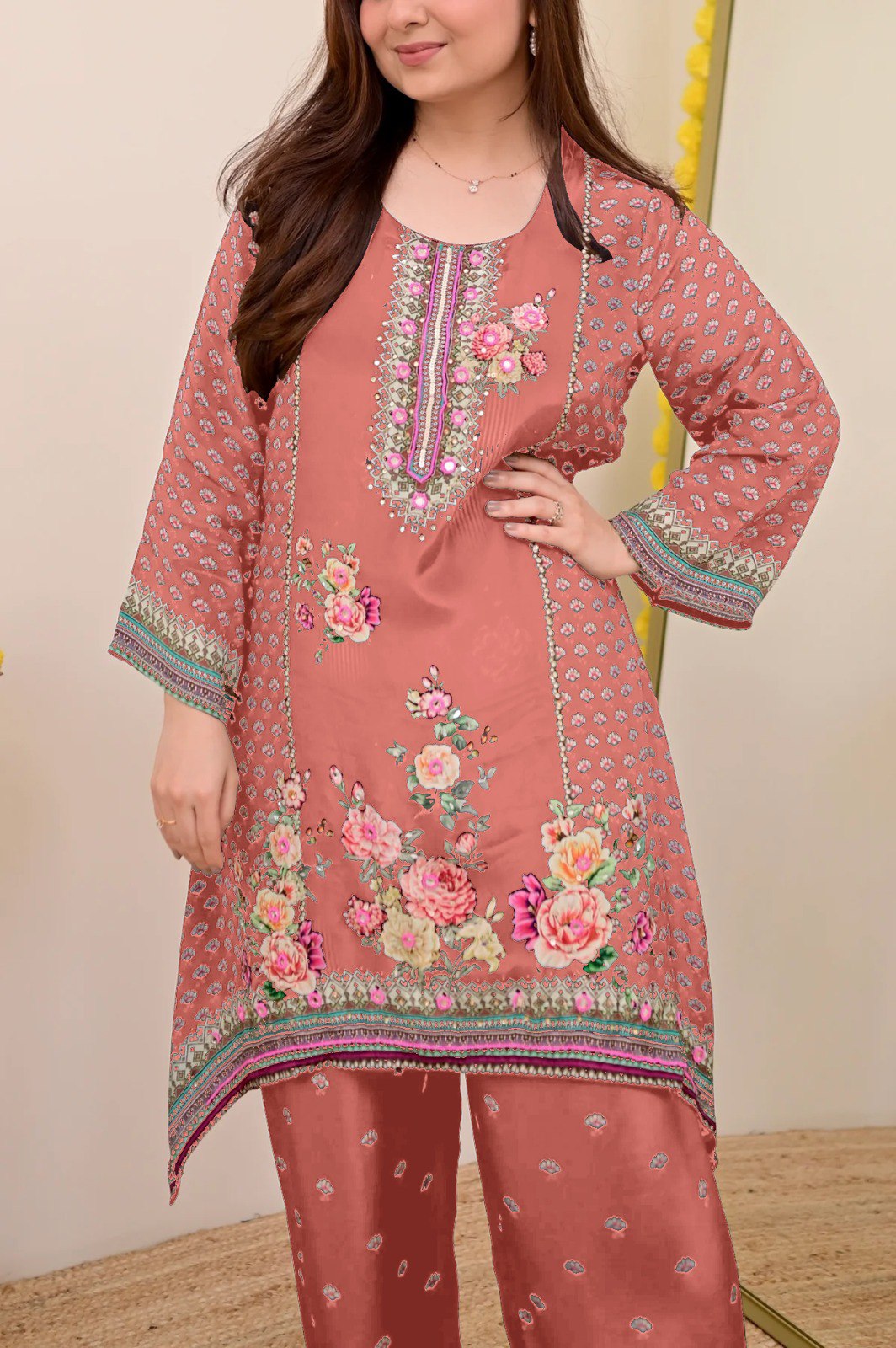 Women Muslin Co-ord Set with Hand Mirror Work, Digital Print Kurta Pant Set, Fully Stitched Ready to Wear Ethnic Co-ord Set for Women, Casual Party & Festive Wear, Size M to 10XL