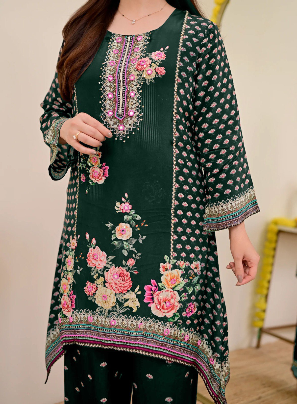 Women Muslin Co-ord Set with Hand Mirror Work, Digital Print Kurta Pant Set, Fully Stitched Ready to Wear Ethnic Co-ord Set for Women, Casual Party & Festive Wear, Size M to 10XL