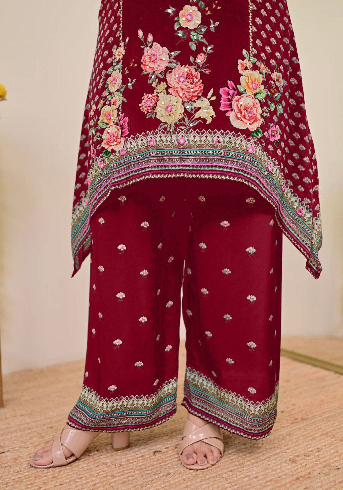 Women Muslin Co-ord Set with Hand Mirror Work, Digital Print Kurta Pant Set, Fully Stitched Ready to Wear Ethnic Co-ord Set for Women, Casual Party & Festive Wear, Size M to 10XL