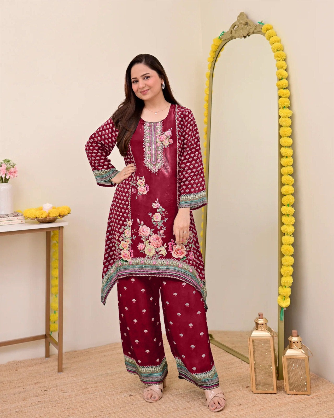 Women Muslin Co-ord Set with Hand Mirror Work, Digital Print Kurta Pant Set, Fully Stitched Ready to Wear Ethnic Co-ord Set for Women, Casual Party & Festive Wear, Size M to 10XL