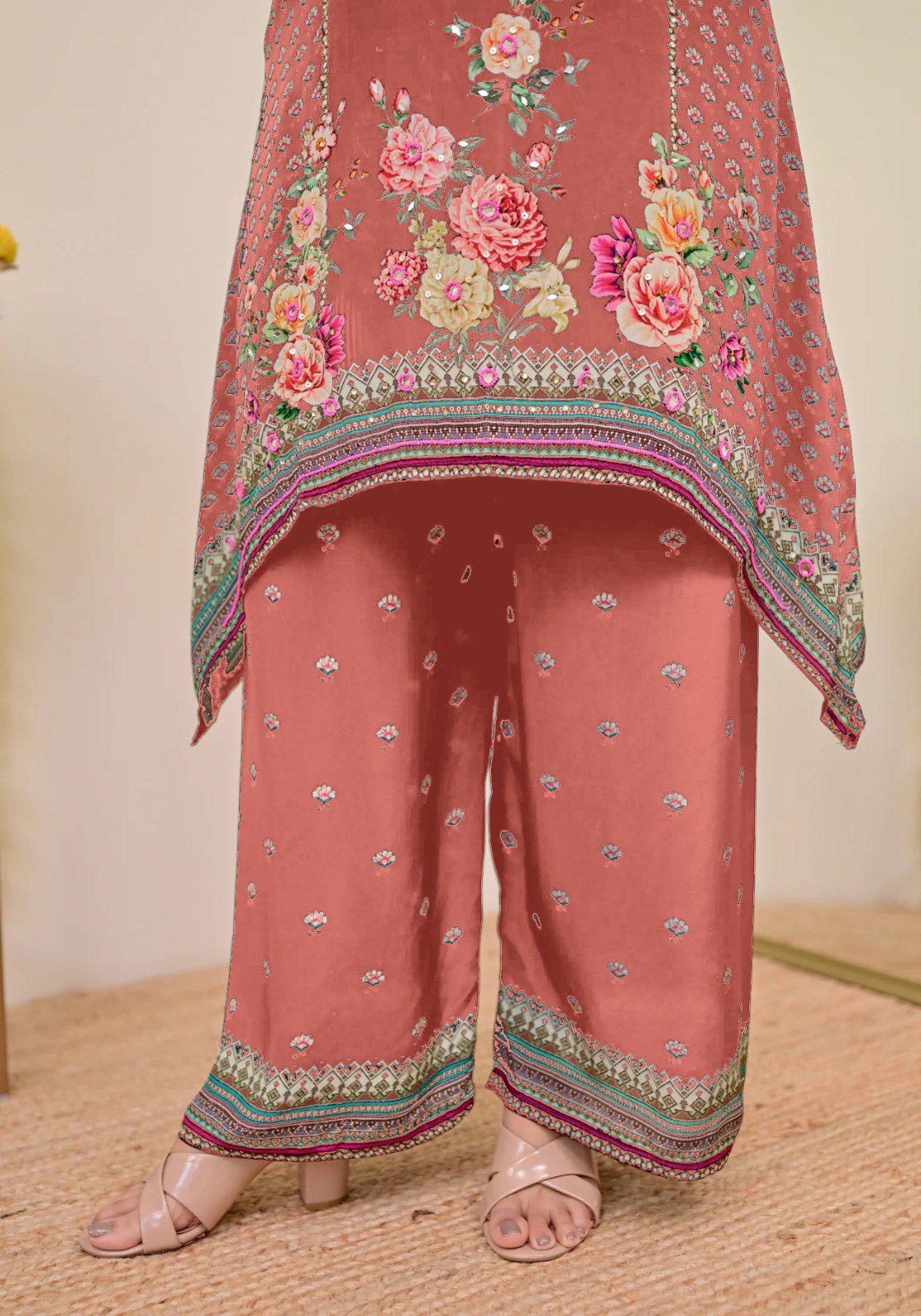 Women Muslin Co-ord Set with Hand Mirror Work, Digital Print Kurta Pant Set, Fully Stitched Ready to Wear Ethnic Co-ord Set for Women, Casual Party & Festive Wear, Size M to 10XL