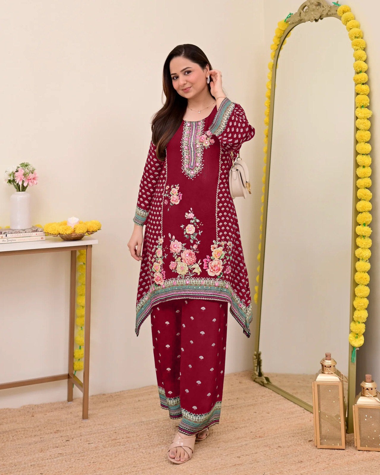Women Muslin Co-ord Set with Hand Mirror Work, Digital Print Kurta Pant Set, Fully Stitched Ready to Wear Ethnic Co-ord Set for Women, Casual Party & Festive Wear, Size M to 10XL