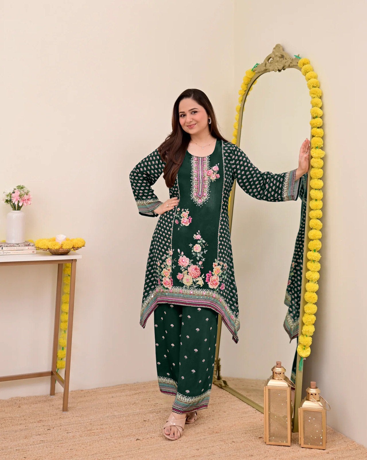 Women Muslin Co-ord Set with Hand Mirror Work, Digital Print Kurta Pant Set, Fully Stitched Ready to Wear Ethnic Co-ord Set for Women, Casual Party & Festive Wear, Size M to 10XL