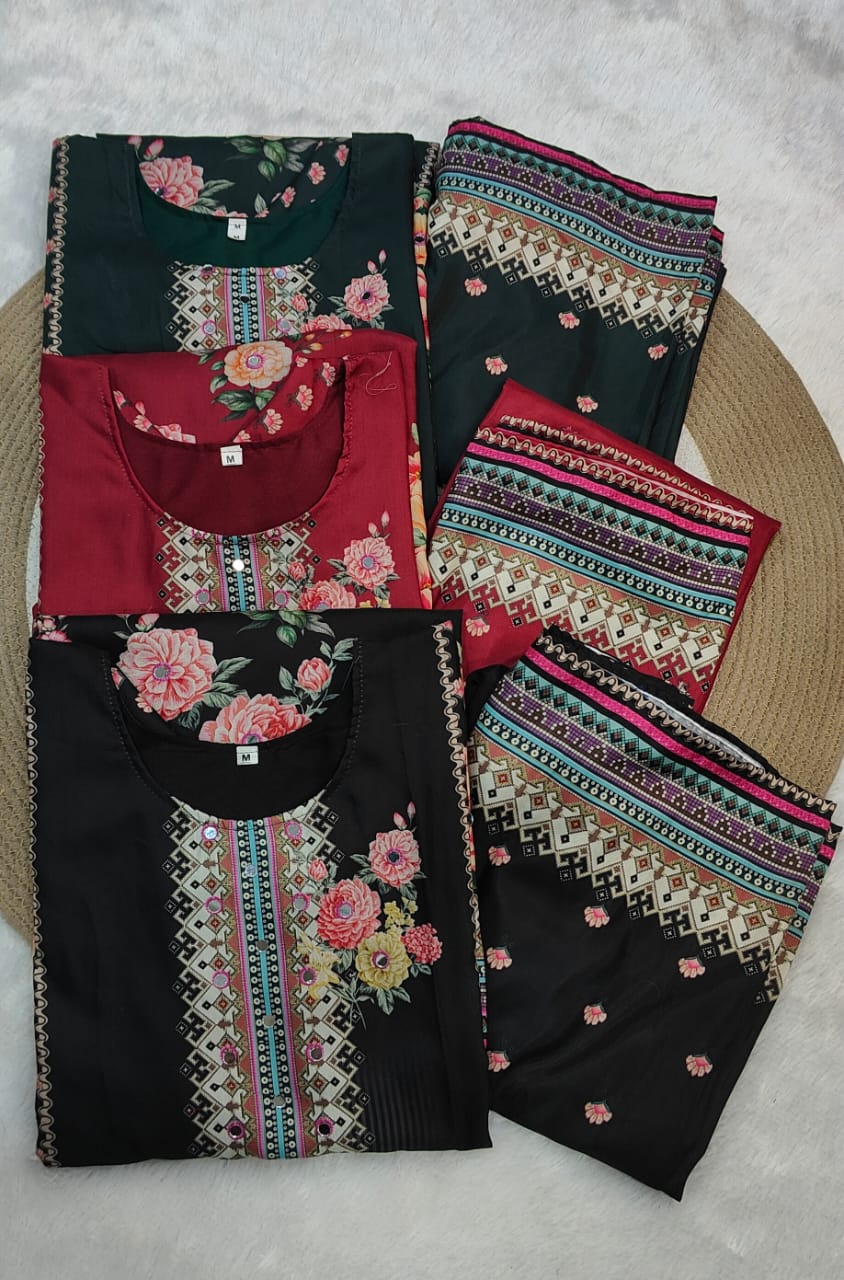 Women Muslin Co-ord Set with Hand Mirror Work, Digital Print Kurta Pant Set, Fully Stitched Ready to Wear Ethnic Co-ord Set for Women, Casual Party & Festive Wear, Size M to 10XL
