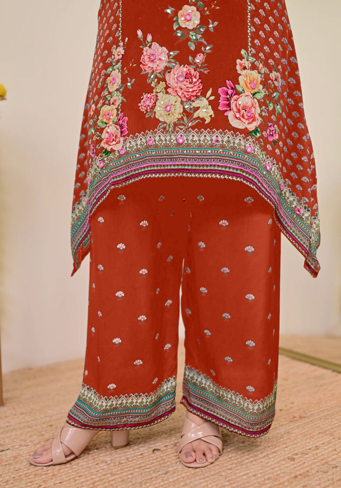 Women Muslin Co-ord Set with Hand Mirror Work, Digital Print Kurta Pant Set, Fully Stitched Ready to Wear Ethnic Co-ord Set for Women, Casual Party & Festive Wear, Size M to 10XL