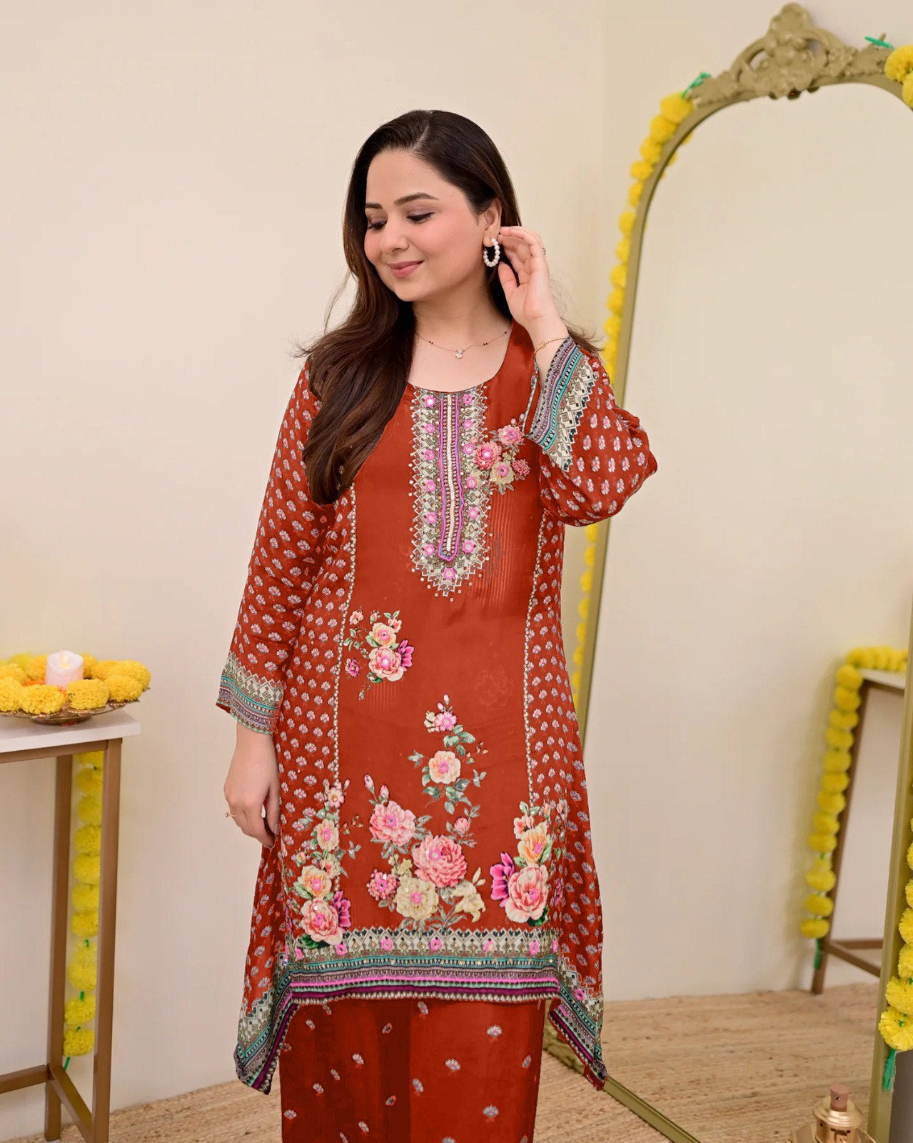 Women Muslin Co-ord Set with Hand Mirror Work, Digital Print Kurta Pant Set, Fully Stitched Ready to Wear Ethnic Co-ord Set for Women, Casual Party & Festive Wear, Size M to 10XL