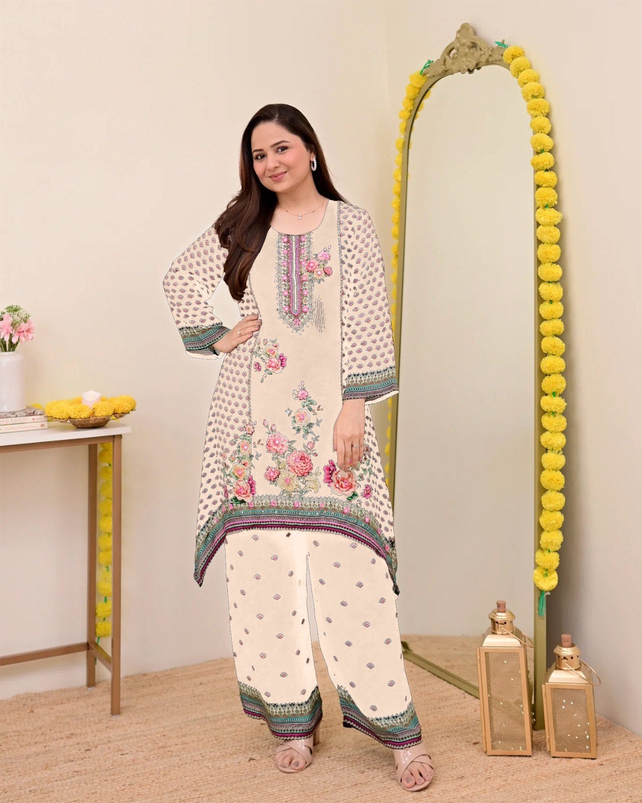 Women Muslin Co-ord Set with Hand Mirror Work, Digital Print Kurta Pant Set, Fully Stitched Ready to Wear Ethnic Co-ord Set for Women, Casual Party & Festive Wear, Size M to 10XL