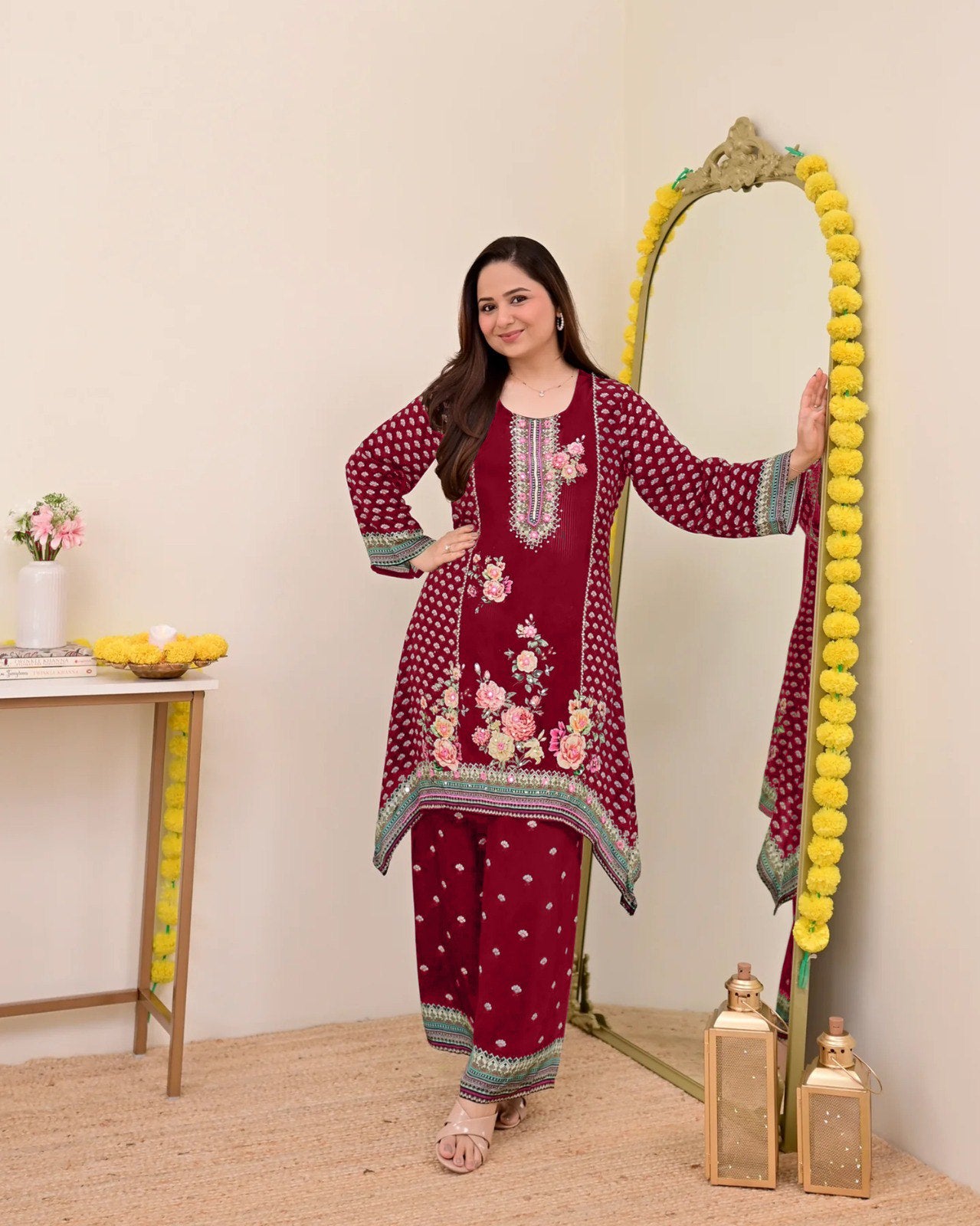 Women Muslin Co-ord Set with Hand Mirror Work, Digital Print Kurta Pant Set, Fully Stitched Ready to Wear Ethnic Co-ord Set for Women, Casual Party & Festive Wear, Size M to 10XL