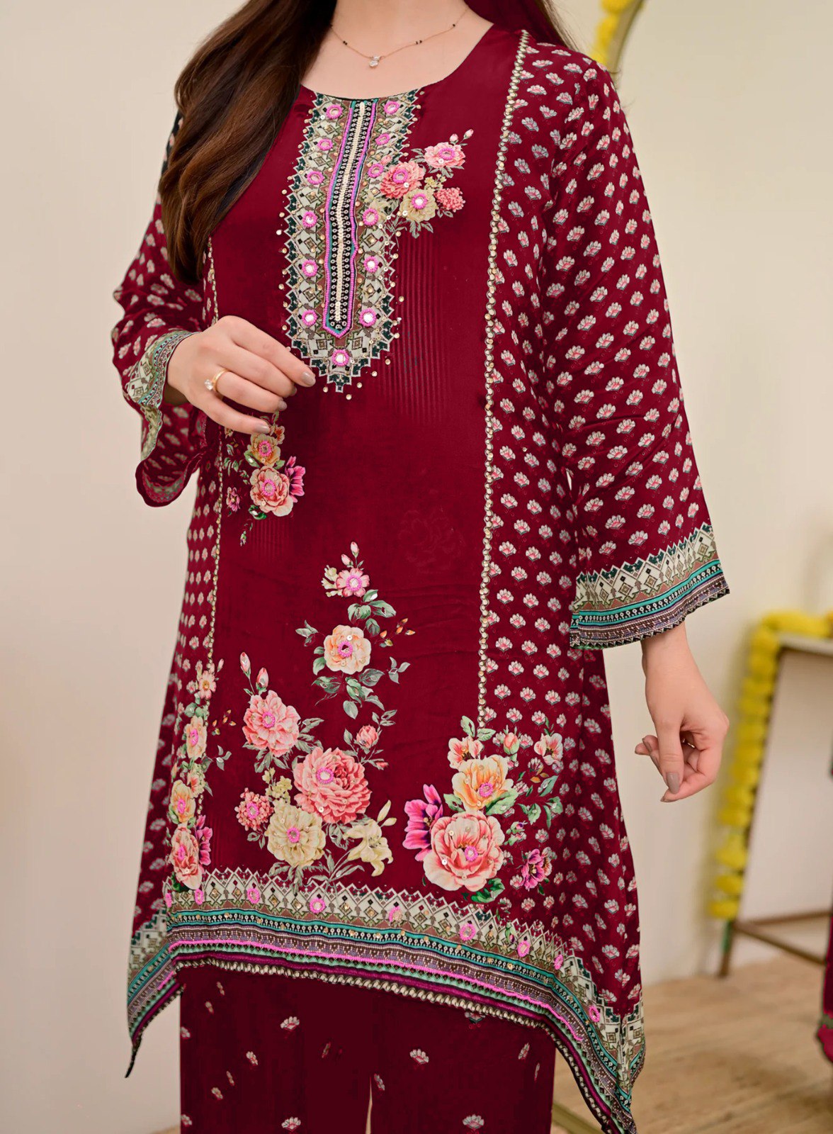 Women Muslin Co-ord Set with Hand Mirror Work, Digital Print Kurta Pant Set, Fully Stitched Ready to Wear Ethnic Co-ord Set for Women, Casual Party & Festive Wear, Size M to 10XL