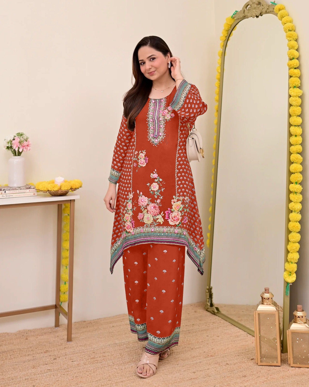 Women Muslin Co-ord Set with Hand Mirror Work, Digital Print Kurta Pant Set, Fully Stitched Ready to Wear Ethnic Co-ord Set for Women, Casual Party & Festive Wear, Size M to 10XL