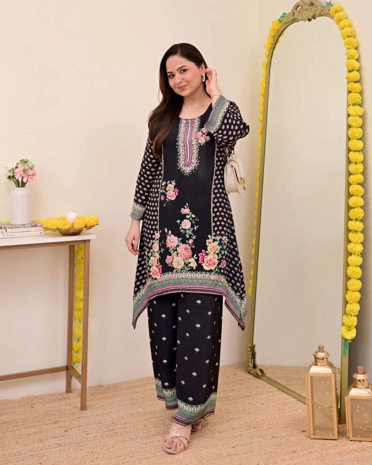 Women Muslin Co-ord Set with Hand Mirror Work, Digital Print Kurta Pant Set, Fully Stitched Ready to Wear Ethnic Co-ord Set for Women, Casual Party & Festive Wear, Size M to 10XL