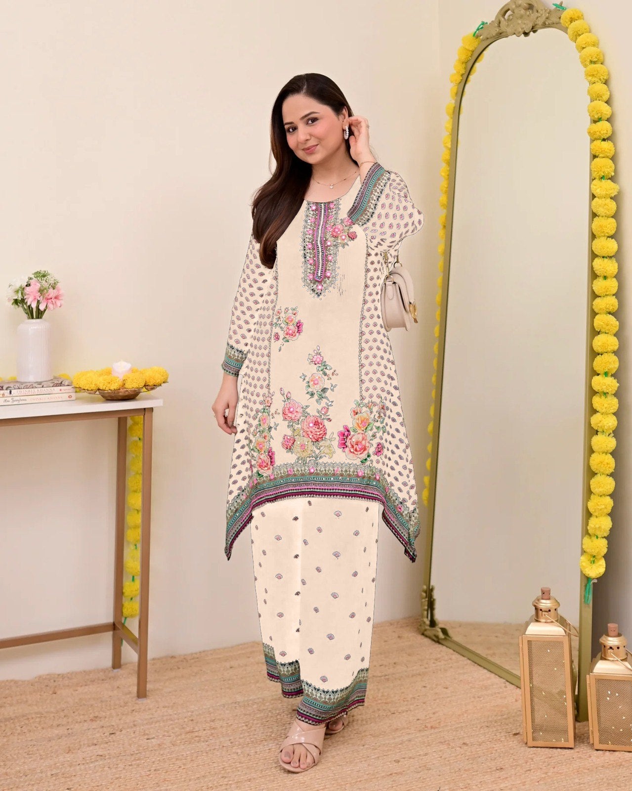 Women Muslin Co-ord Set with Hand Mirror Work, Digital Print Kurta Pant Set, Fully Stitched Ready to Wear Ethnic Co-ord Set for Women, Casual Party & Festive Wear, Size M to 10XL