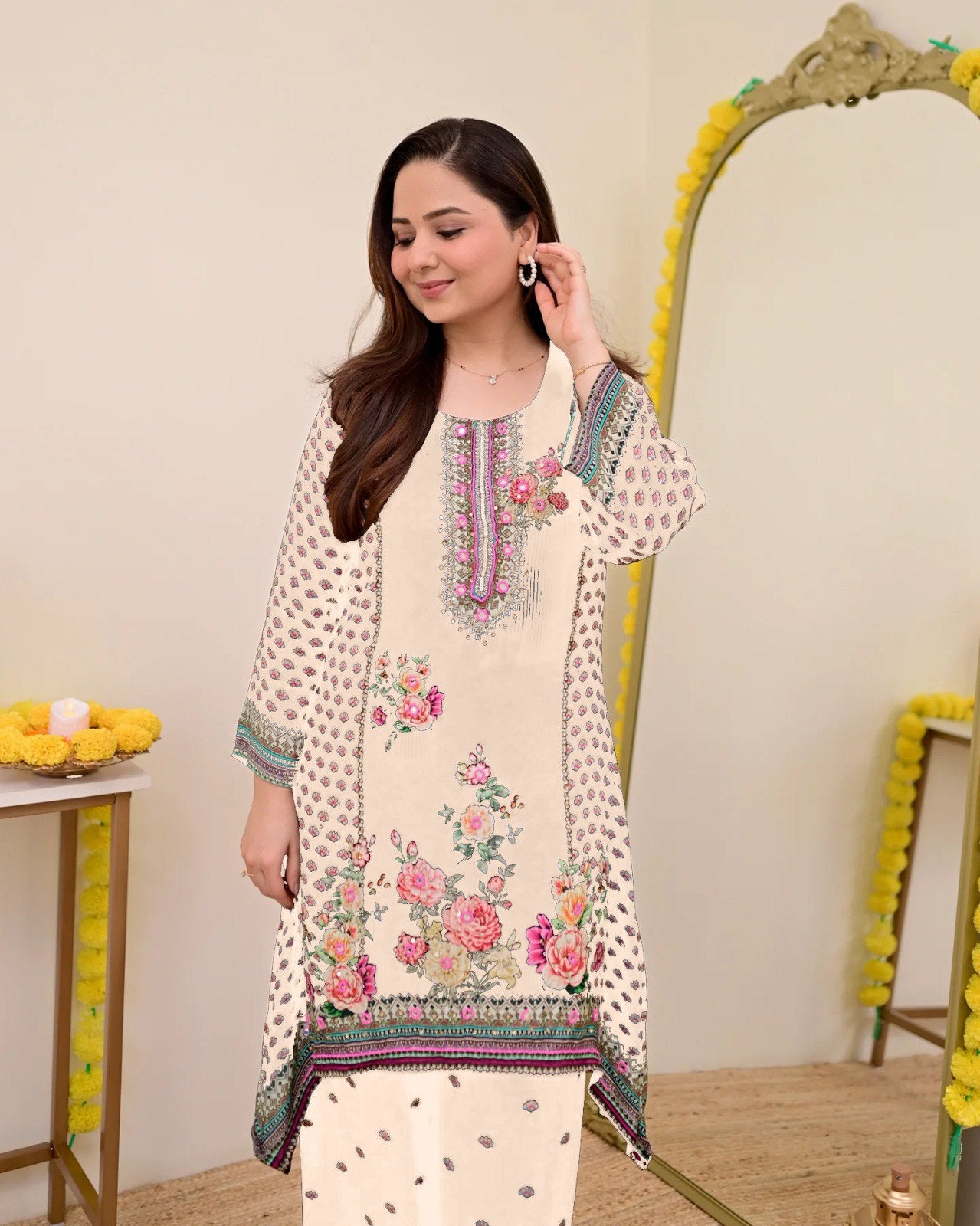 Women Muslin Co-ord Set with Hand Mirror Work, Digital Print Kurta Pant Set, Fully Stitched Ready to Wear Ethnic Co-ord Set for Women, Casual Party & Festive Wear, Size M to 10XL