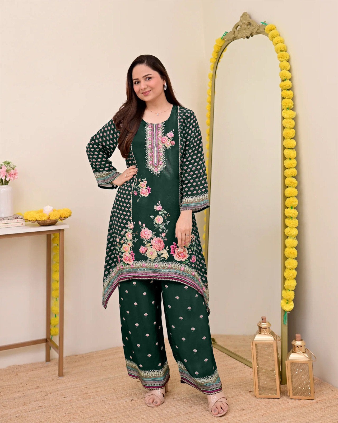 Women Muslin Co-ord Set with Hand Mirror Work, Digital Print Kurta Pant Set, Fully Stitched Ready to Wear Ethnic Co-ord Set for Women, Casual Party & Festive Wear, Size M to 10XL