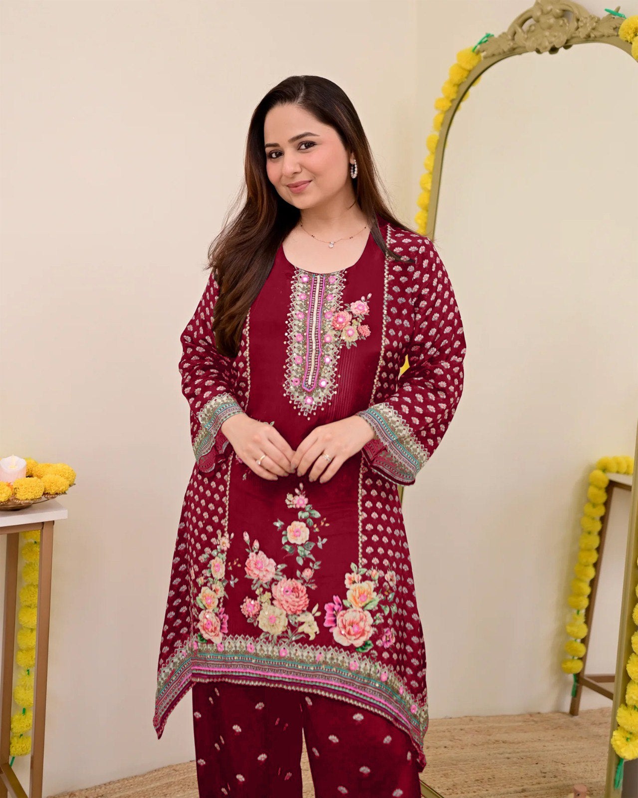Women Muslin Co-ord Set with Hand Mirror Work, Digital Print Kurta Pant Set, Fully Stitched Ready to Wear Ethnic Co-ord Set for Women, Casual Party & Festive Wear, Size M to 10XL