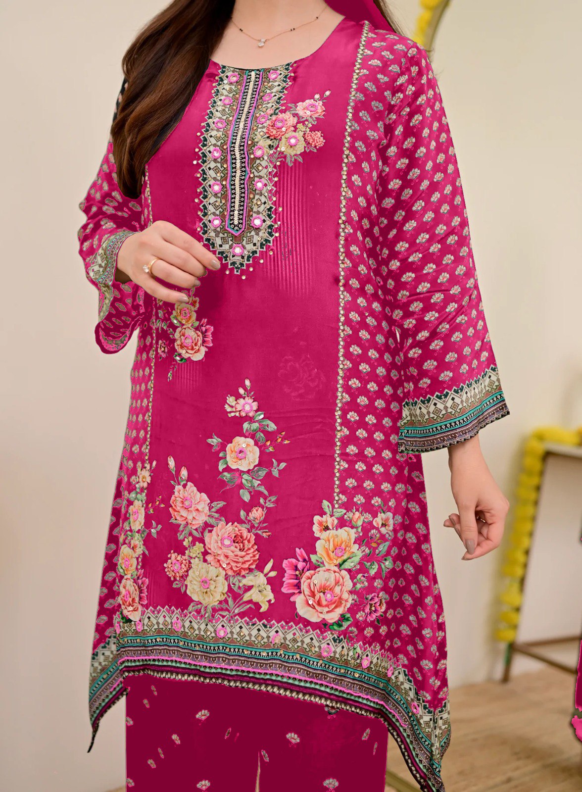 Women Muslin Co-ord Set with Hand Mirror Work, Digital Print Kurta Pant Set, Fully Stitched Ready to Wear Ethnic Co-ord Set for Women, Casual Party & Festive Wear, Size M to 10XL