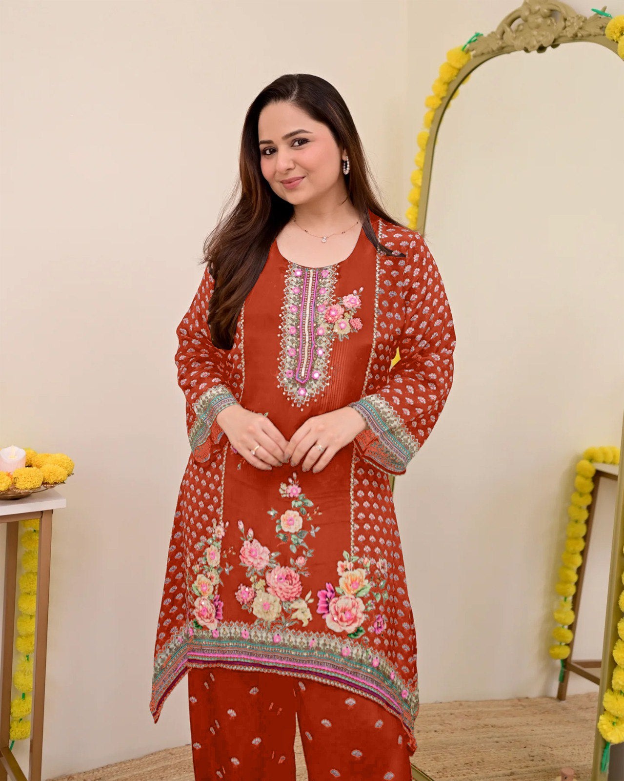 Women Muslin Co-ord Set with Hand Mirror Work, Digital Print Kurta Pant Set, Fully Stitched Ready to Wear Ethnic Co-ord Set for Women, Casual Party & Festive Wear, Size M to 10XL