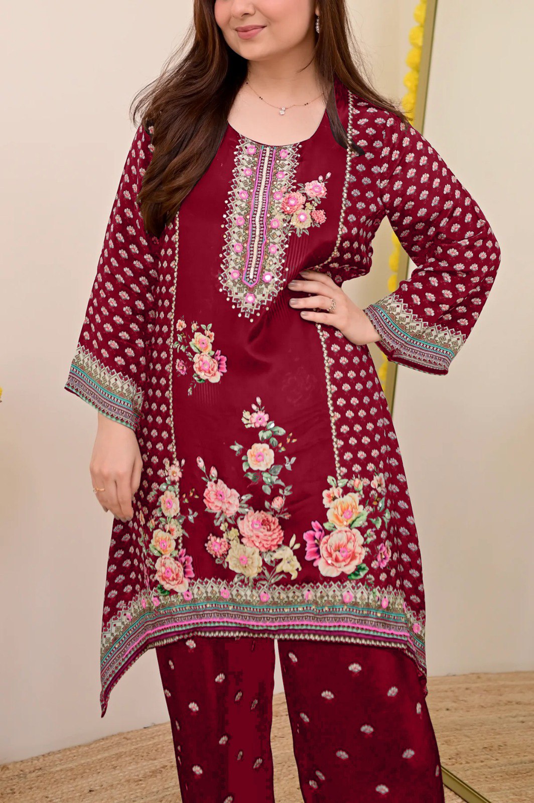 Women Muslin Co-ord Set with Hand Mirror Work, Digital Print Kurta Pant Set, Fully Stitched Ready to Wear Ethnic Co-ord Set for Women, Casual Party & Festive Wear, Size M to 10XL