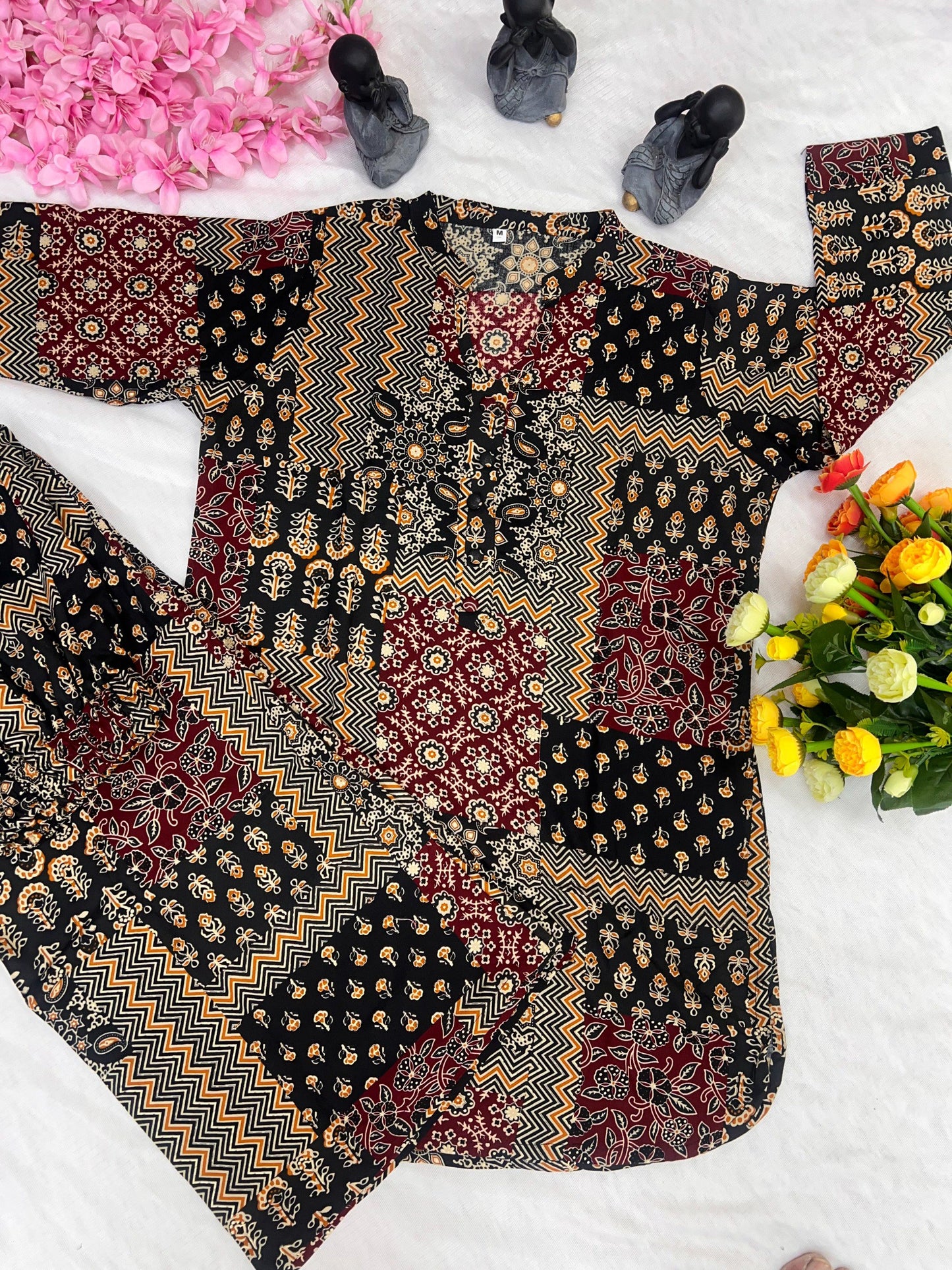 Women’s Rayon Cotton Co-ord Set with Foil Print Work | Stitched Top & Palazzo Set | Casual & Festive Wear | Red & Black