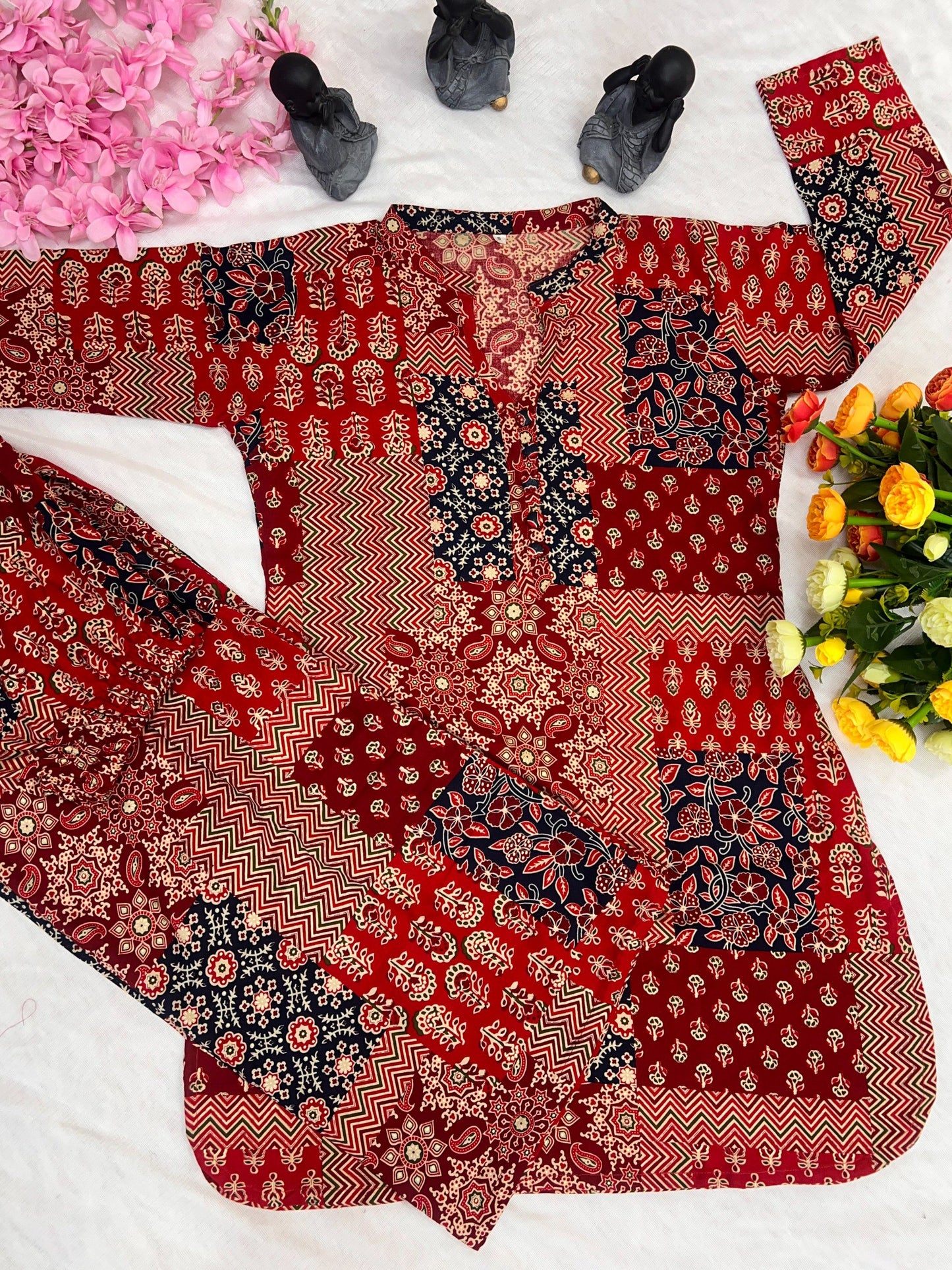 Women’s Rayon Cotton Co-ord Set with Foil Print Work | Stitched Top & Palazzo Set | Casual & Festive Wear | Red & Black