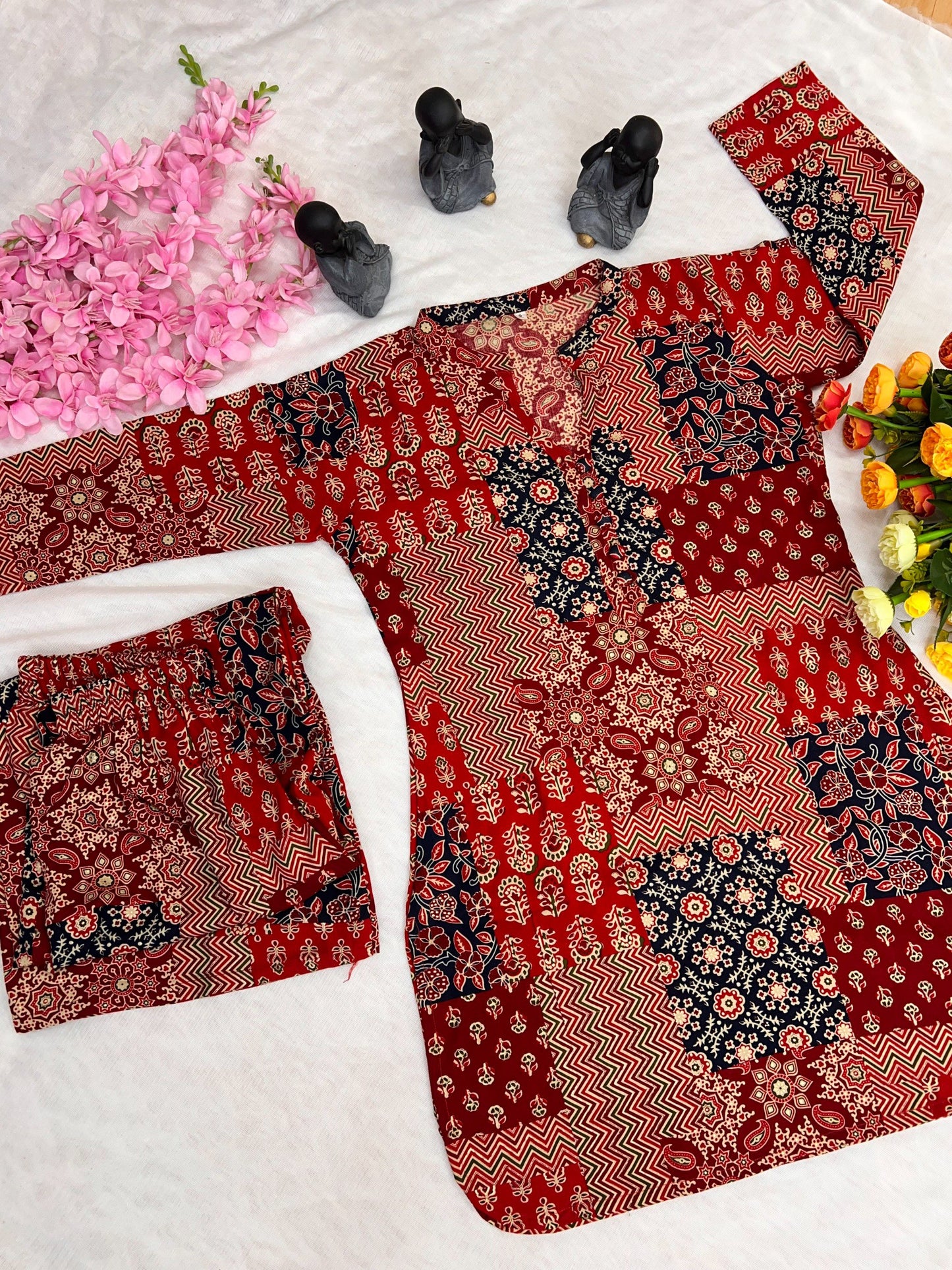 Women’s Rayon Cotton Co-ord Set with Foil Print Work | Stitched Top & Palazzo Set | Casual & Festive Wear | Red & Black