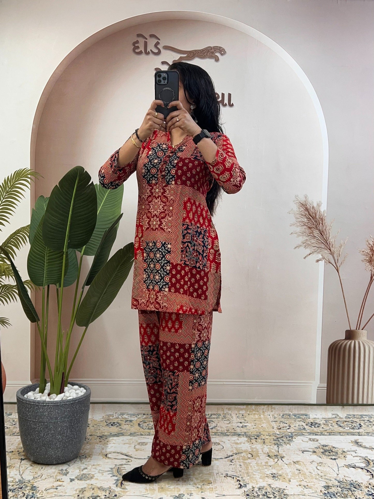 Women’s Rayon Cotton Co-ord Set with Foil Print Work | Stitched Top & Palazzo Set | Casual & Festive Wear | Red & Black