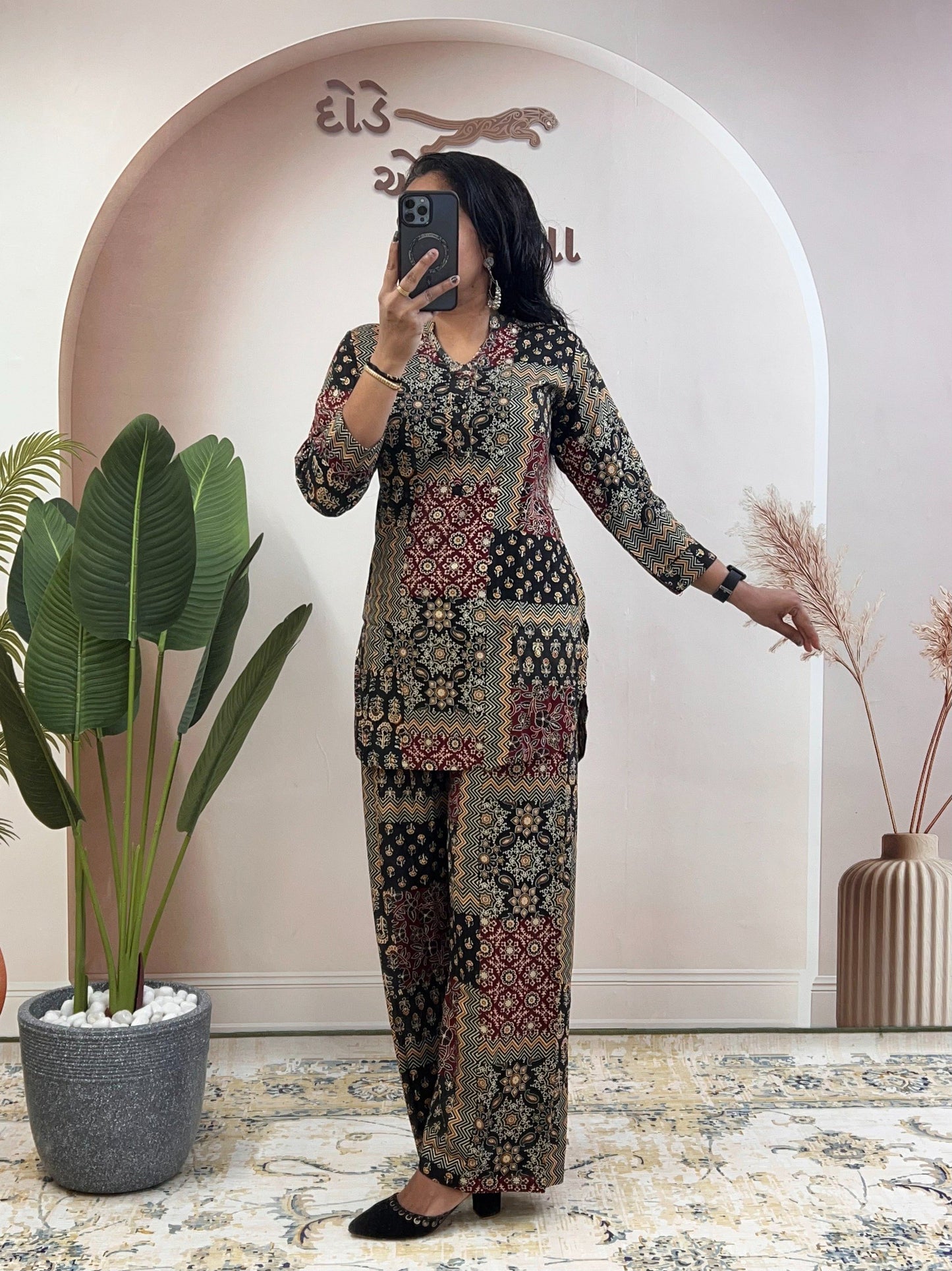 Women’s Rayon Cotton Co-ord Set with Foil Print Work | Stitched Top & Palazzo Set | Casual & Festive Wear | Red & Black