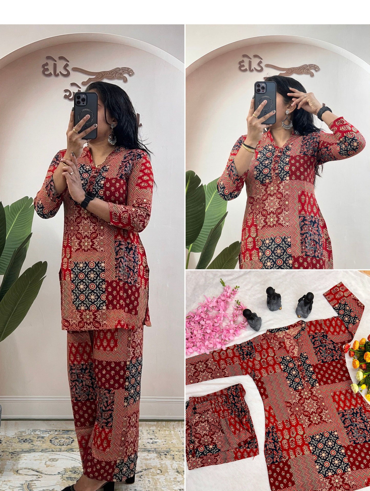 Women’s Rayon Cotton Co-ord Set with Foil Print Work | Stitched Top & Palazzo Set | Casual & Festive Wear | Red & Black