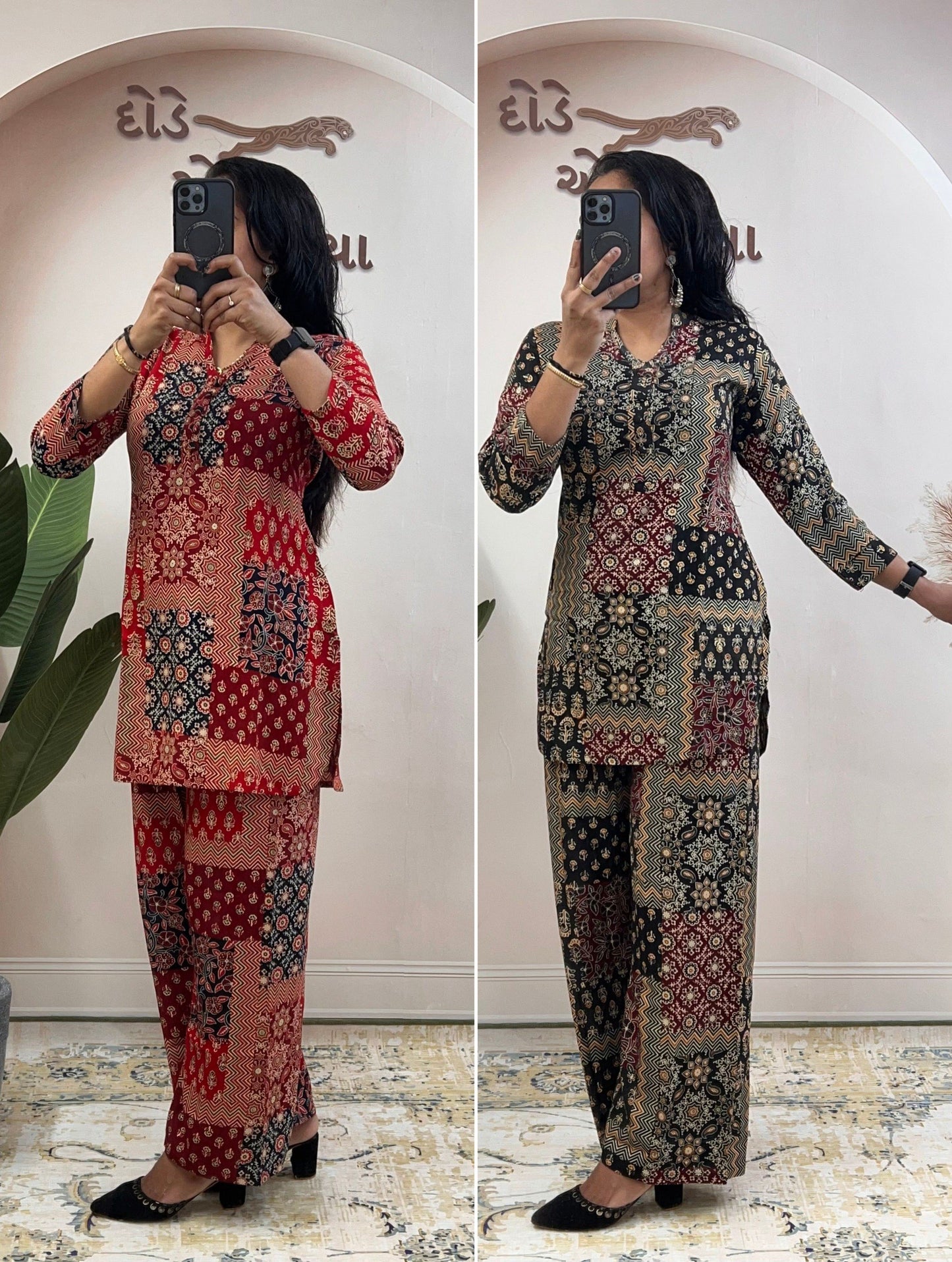 Women’s Rayon Cotton Co-ord Set with Foil Print Work | Stitched Top & Palazzo Set | Casual & Festive Wear | Red & Black