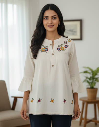 Shivam Hub Women's Pure Khadi Cotton Short Top with Cotton Lining – Ivory Multicolor Printed Casual & Ethnic Wear