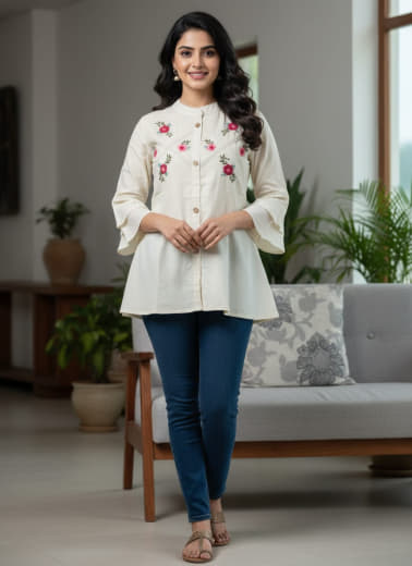 Shivam Hub Women's Pure Khadi Cotton Short Top with Cotton Lining – Ivory Multicolor Printed Casual & Ethnic Wear