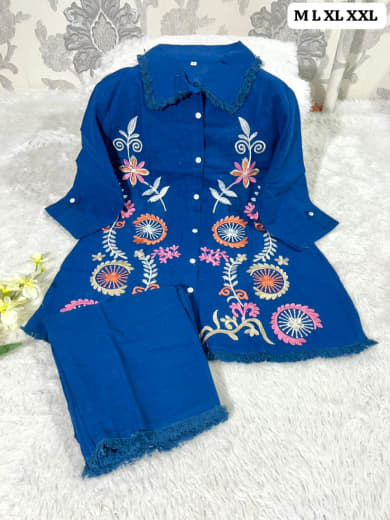 Shivam Hub Women's Cotton Flax Embroidered Co-ord Set – Fully Stitched Premium Ethnic Wear